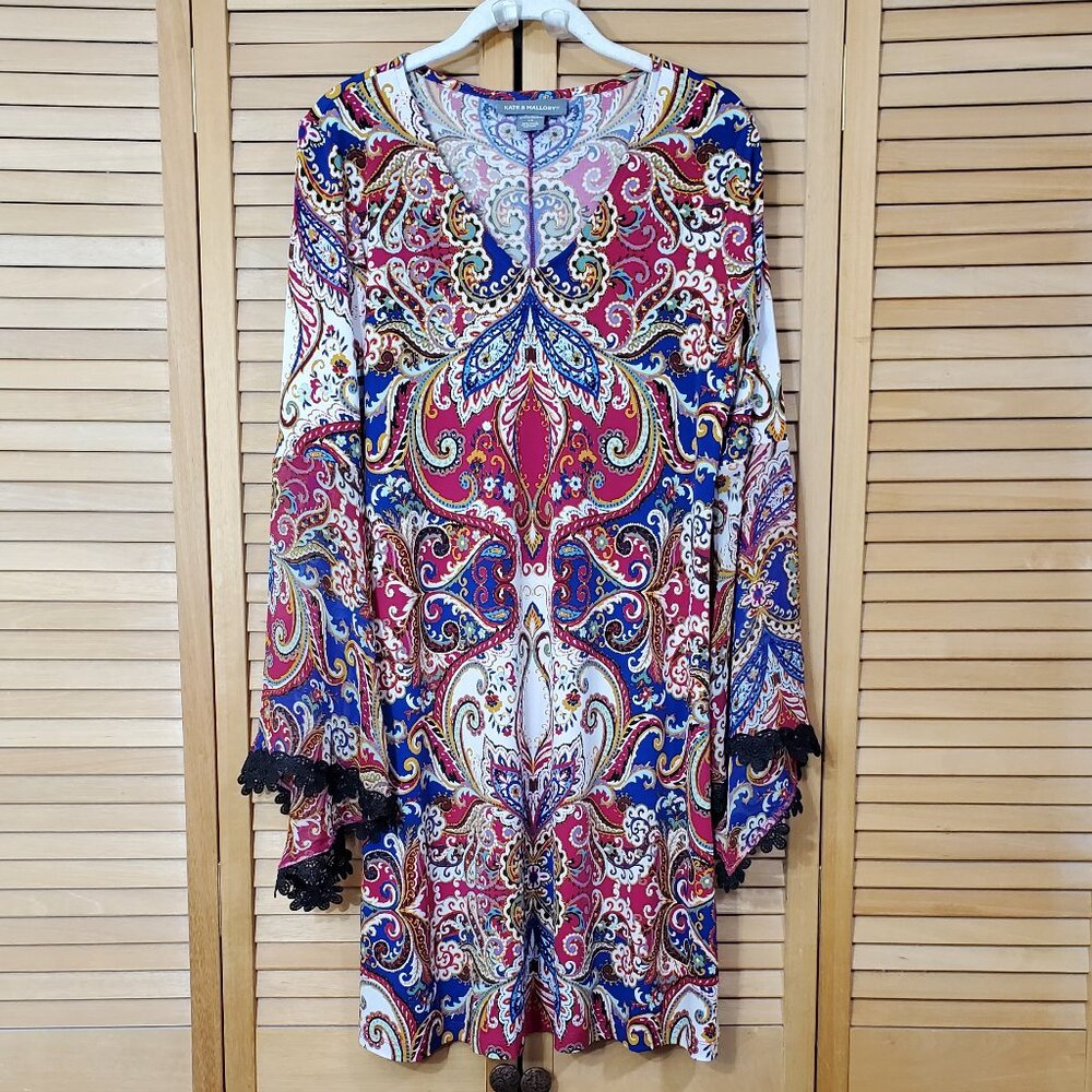 Kate & Mallory Paisley Print Dress With Long Bell Lace Trim Sleeves XS